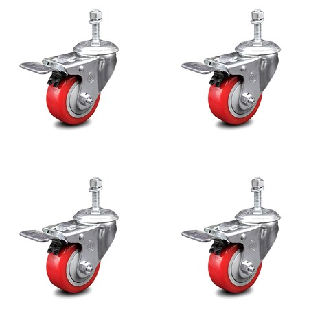 Service Caster 3.5 Inch Red Polyurethane Swivel 10mm Stem Caster Set Total Lock Brake SCC SCC-TSTTL20S3514-PPUB-RED-M1015-4